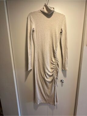 Bershka Cream Turtleneck Midi Dress with Ruched Side